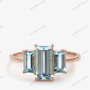 Aquamarin Baguette 14k Goldring, März Birthstone Ring, Blauer Edelstein Versprechen Ring, Art-Deco zierliche Stapelring, blauer Edelstein Schmuck