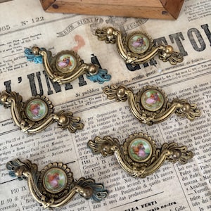 Vintage French Style Brass Drawer Handles with Ceramic Courting couples insert