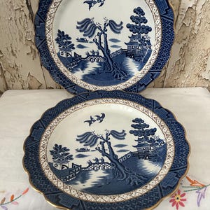 Vintage Booths Willow Pattern Dinner Plates (Set of 2), Made in England, 27 cms