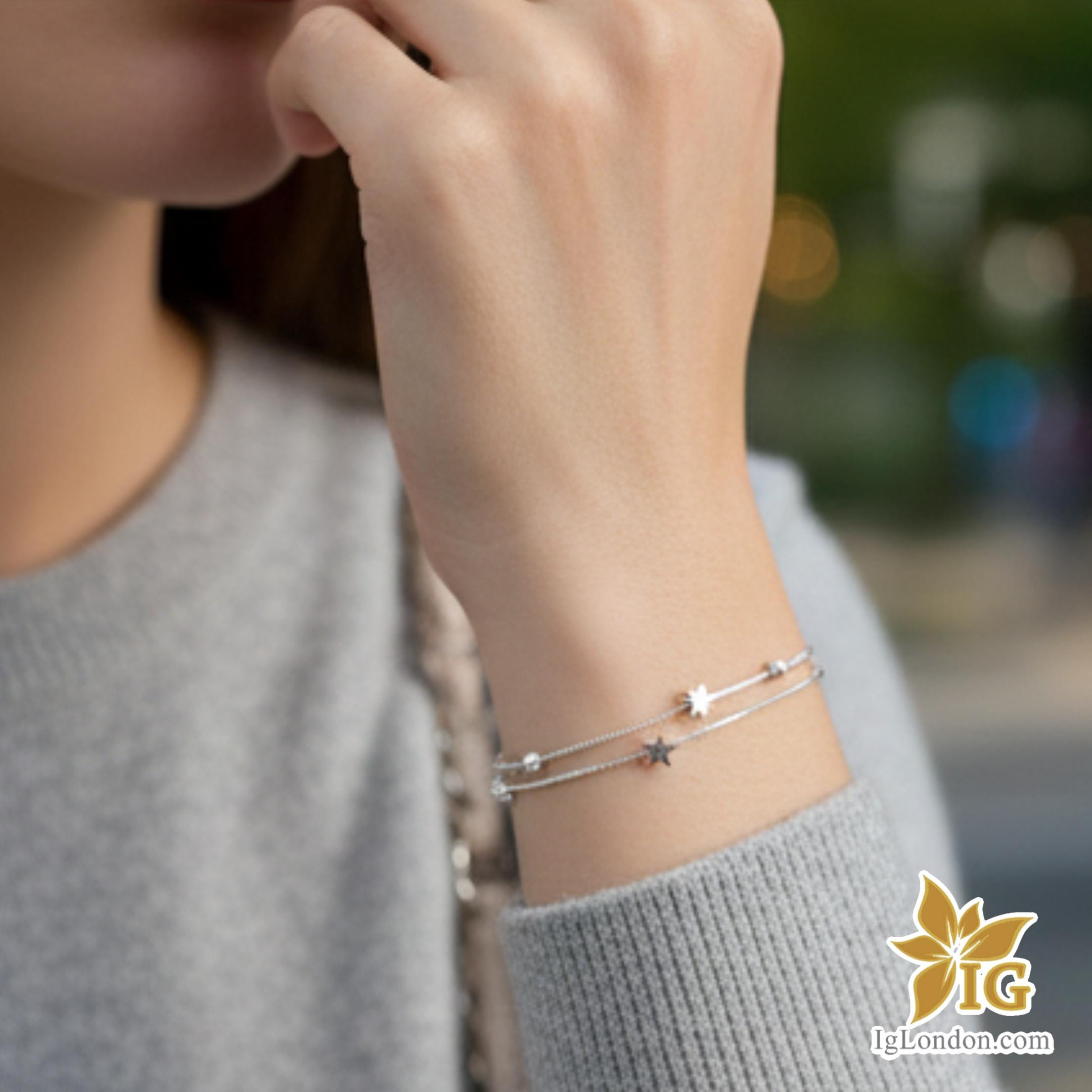 ♡STAR JEWELRY♡DOUBLE SCREWCHAIN BRACELET Sterling Silver Double Layer Star Bracelet, Celestial Box Chain