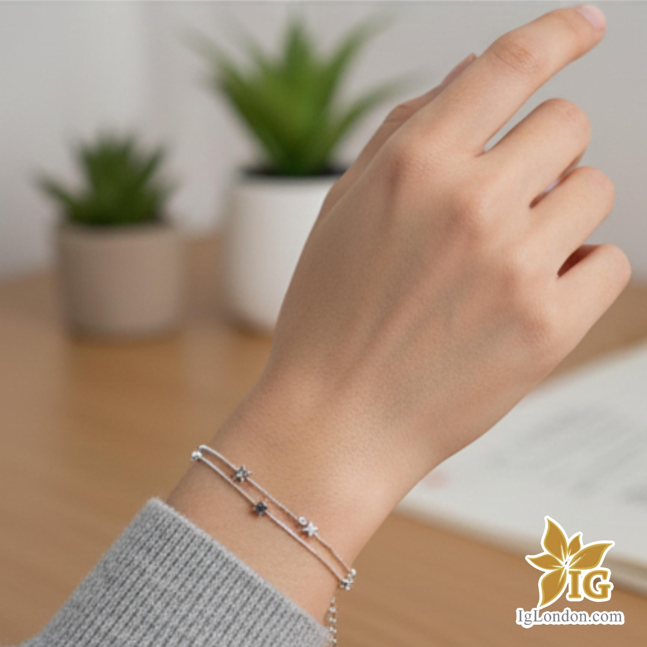 Sterling Silver Double Layer Star Bracelet, Celestial Box Chain