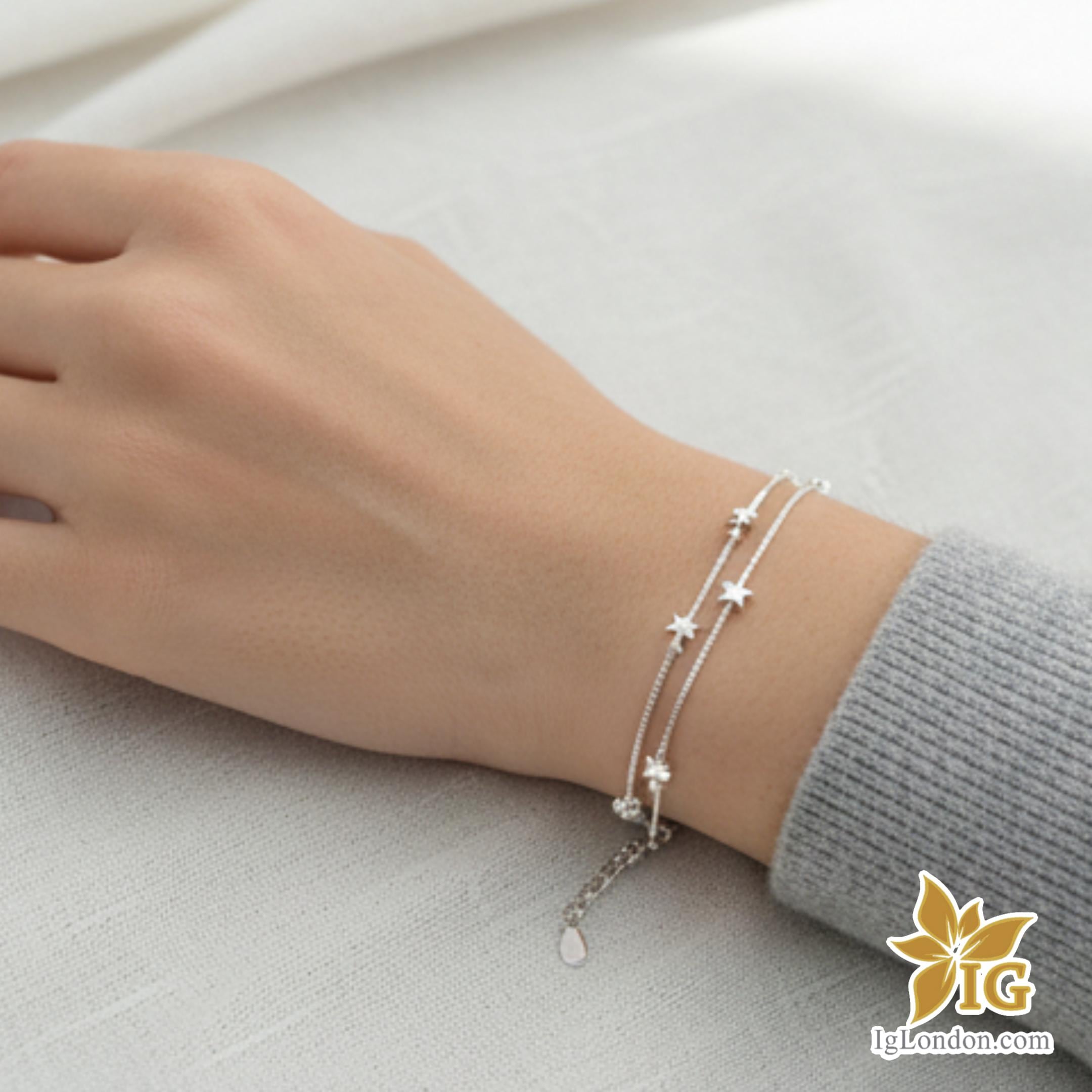 Sterling Silver Double Layer Star Bracelet, Celestial Box Chain