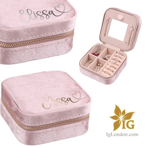 Portagioie in velluto con nome personalizzato per ragazze. Custodia per gioielli in velluto di alta qualità con specchio per viaggi. Regalo proposta damigella d'onore