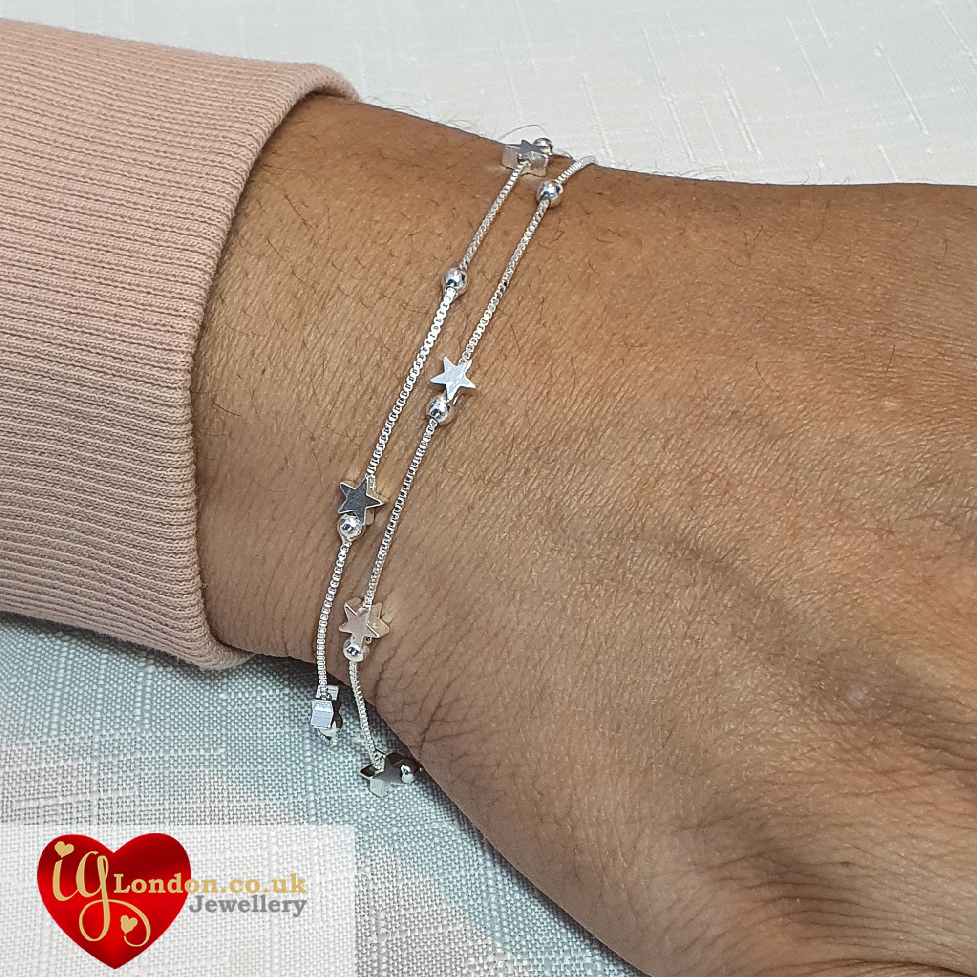 Sterling Silver Double Layer Star Bracelet, Celestial Box Chain