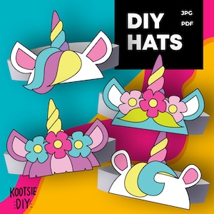 May include: Four printable unicorn hat templates. The hats are in different colours and have different designs, including flowers, a moustache, and a horn. The text "DIY HATS" is at the top of the image.