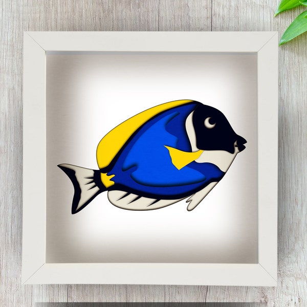 3D Blue Tang Fish Shadow Box SVG for Cricut, Silhouette, Fishing 3d layered Mandala, Marine paper cut, sea diving SVG, Underwater Landscape