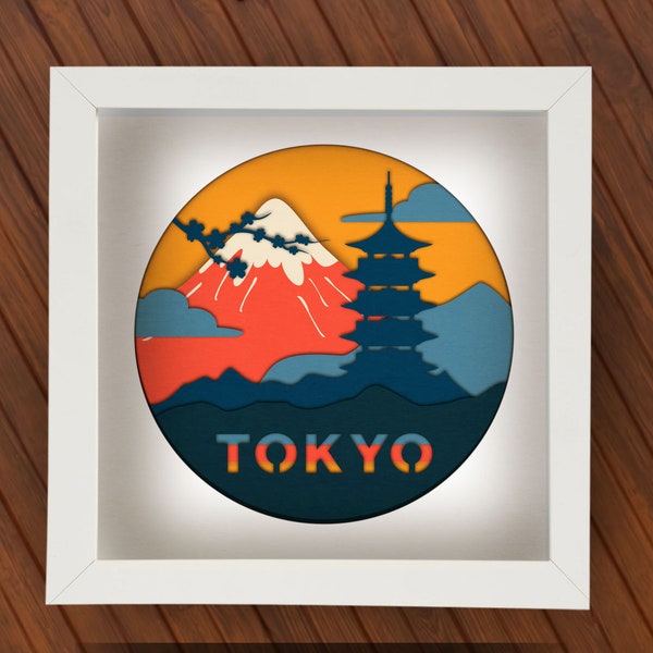 Tokyo Japan Shadow Box SVG for Cricut, Silhouette, 3d layered Mandala, Pagoda paper cut, Nature SVG, Asia Landscape Oriental Mt. Fuji svg