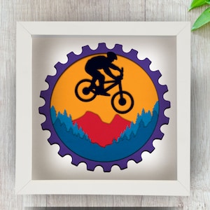 3D Cycling Shadow Box svg per Cricut Silhouette, Bicicletta a strati SVG Mandala, Ciclista fai da te regalo carta tagliata, Foresta SVG, Paesaggio Montagna Tramonto