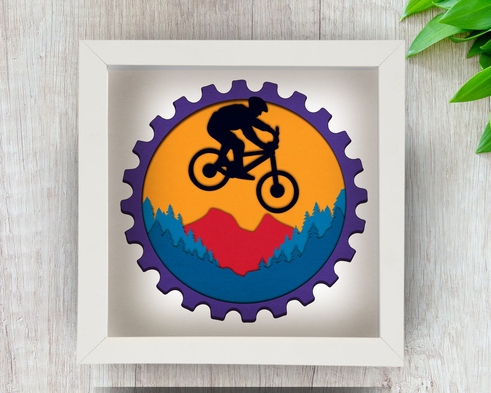 3D Cycling Shadow Box svg for Cricut Silhouette, Bike layered SVG Mandala, Cyclist DIY gift paper cut, Forest SVG, Landscape Mountain Sunset