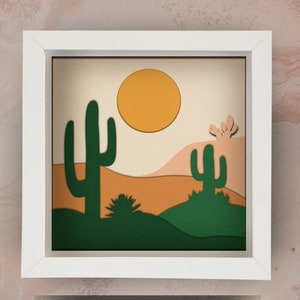 3D Cactus Shadow Box SVG per Cricut, Silhouette, Desert 3d Layered Mandala, Sunset paper cut, Cactus SVG, Summer Landscape vector Retro