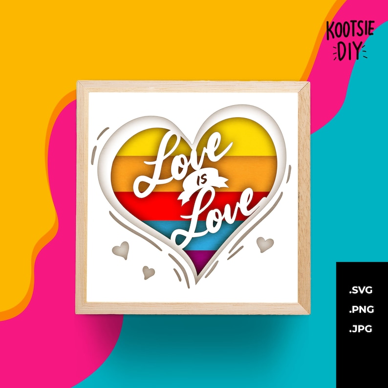 May include: A white frame with a rainbow heart inside. The heart has the words "Love is Love" written on it. The frame is on a colorful background.