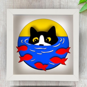 Svg 3D Cat Shadow Box pour Cricut, Silhouette, Kitty Mandala en couches 3D, chat regardant la visionneuse de poisson rouge