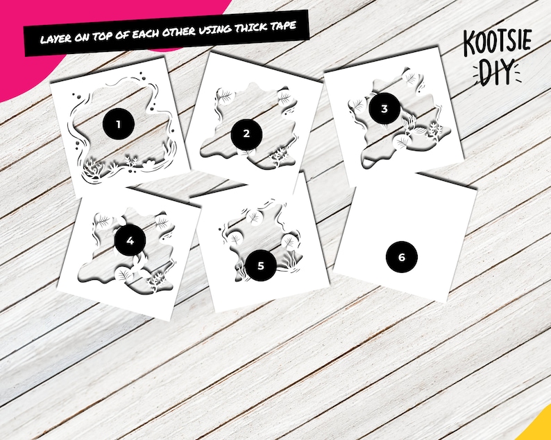 May include: Six white square paper templates with cut-out designs numbered 1 through 6. The text "LAYER ON TOP OF EACH OTHER USING THICK TAPE" is at the top of the image. The text "KOOTSIE DIY" is in the top right corner of the image.
