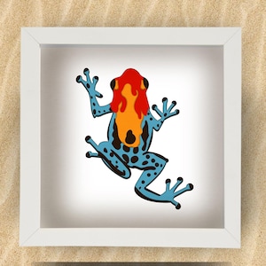 Puede incluir: Una impresión artística enmarcada que presenta una rana azul estilizada con manchas negras, una cabeza roja y acentos naranjas. La rana está en un marco blanco, sobre un fondo arenoso.