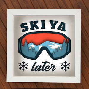 Caja de sombras de esquí 3D SVG para Cricut, Silhouette, mandala en capas 3D de nieve, corte de papel de decoración de esquí, SVG de deportes de nieve, vector de paisaje invernal retro