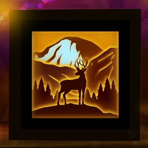 Caja de sombras de ciervo 3D SVG para Cricut, Silhouette, mandala en capas 3D de los Alpes, regalo de bricolaje de bosque, corte de papel, SVG de bosque, paisaje, montañas, atardecer