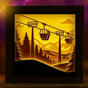 Ski Shadow Box SVG pour Cricut, Silhouette, téléphérique Mandala en couches 3D, Ski décoration papier découpé, Sports de neige SVG, vecteur de paysage d'hiver rétro