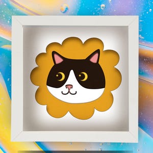 Cat & Sunflower 3D SVG | Layered Shadow Box Template | Paper Cut File for Cricut, Silhouette | Lightbox Decor