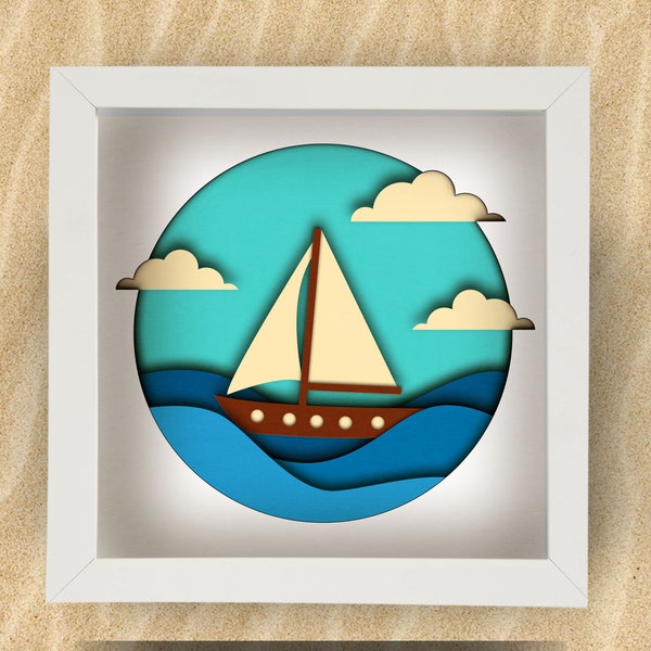 Sailboat Shadow Box SVG for Cricut, Silhouette, Yacht 3d layered Mandala, Sea paper cut, Boat diving SVG, Underwater Landscape vector Coral