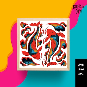 May include: A framed papercraft design featuring two red and blue koi fish with intricate details. The fish are surrounded by swirling patterns and are set against a white background.
