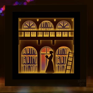 Peut inclure: Une œuvre d'art en papier en couches représentant une scène de bibliothèque avec une femme lisant. L'œuvre présente une silhouette de femme, des étagères, des fenêtres cintrées et une échelle, le tout éclairé d'une lumière chaude. L'œuvre est encadrée en noir.