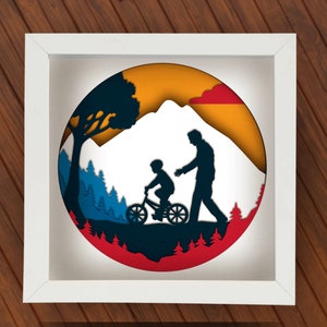 Scatola di ombre a strati per la festa del papà in formato SVG per Cricut, Silhouette, Mandala a strati 3D per ciclisti, Regalo fai da te per ciclisti, Carta ritagliata, Tramonto sulle montagne