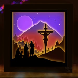 Modèle 3D Jesus on Cross Shadowbox pour Cricut, Crucifix Lightbox, Mandala en couches de Pâques, Silhouette de boîte d’ombre multicouche de la Semaine Sainte