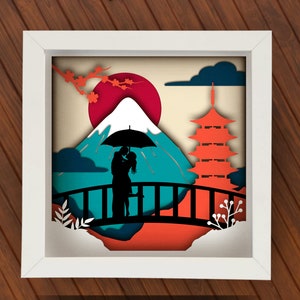 3D Japan Shadow Box SVG dla Cricut, sylwetka, Osaka warstwowa mandala, Mt. Fuji wycinanka papierowa, krajobraz Azji Wschodniej, para podróżująca do Tokio SVG
