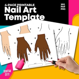 May include: A printable nail art template with hand outlines in different skin tones. The template includes the text "4-PAGE PRINTABLE Nail Art Template" and the file types JPG, PDF, and PNG. A pink nail polish bottle is in the foreground.