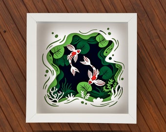Koi Pond Shadow Box SVG for Cricut, Silhouette, Fishing 3d layered Mandala, Dad paper cut, sea diving SVG, Underwater Landscape vector Coral