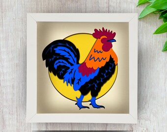 Haan gelaagde SVG voor Shadowbox | Papier gesneden kunst | Sjabloon lightbox | Cricut silhouetbestand | Boerderijdecoratie