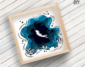 Underwater Shadow Box SVG for Cricut, Silhouette, 3d layered Mandala, Woman paper cut, sea diving SVG, Underwater Landscape vector Coral