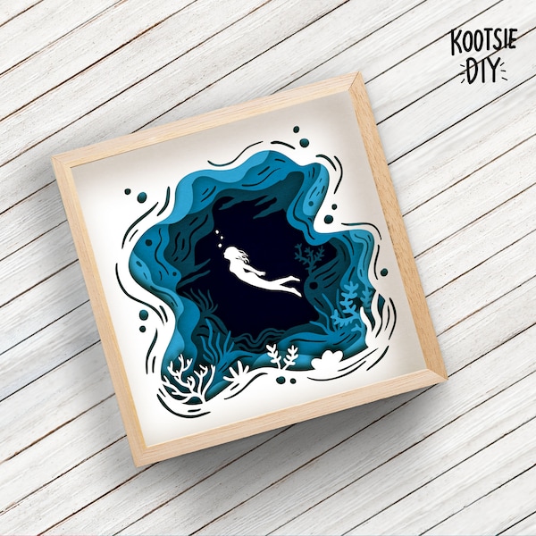 Underwater Shadow Box SVG for Cricut, Silhouette, 3d layered Mandala, Woman paper cut, sea diving SVG, Underwater Landscape vector Coral