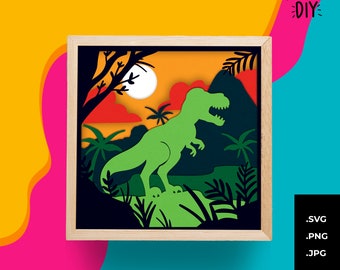 Pode incluir: Uma cena de papercraft de um dinossauro verde em pé em um ambiente de selva com um pôr do sol ao fundo. A cena é emoldurada em uma moldura de madeira.