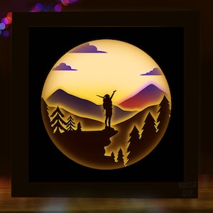 Natur Schatten Box SVG für Cricut, Silhouette, Wald 3d überlagert Mandala, Natur Papierschnitt, Berge SVG, Frau Reisende SVG, Wanderlust svg