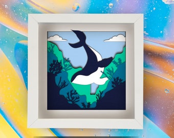 Whale 3D Shadow Box SVG, Ocean Paper Cut Light Box Template, Layered Sea Life SVG for Cricut, Underwater 3D Papercraft, Nautical Decor.
