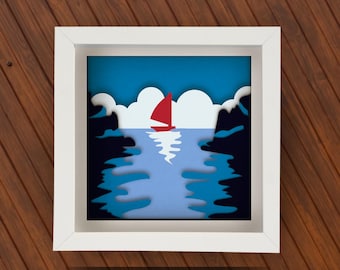 3D Sailboat SVG Layered Shadow Box | Sea Boat Paper Cut Template | Cricut & Silhouette Digital File | Light Box DXF Art