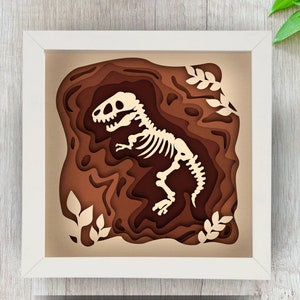 3D T-Rex Shadow Box SVG for Cricut Silhouette, Dinosaur 3D Layered Mandala Paper Cut File, Jurassic Roar Lightbox Template PNG, Fossil SVG