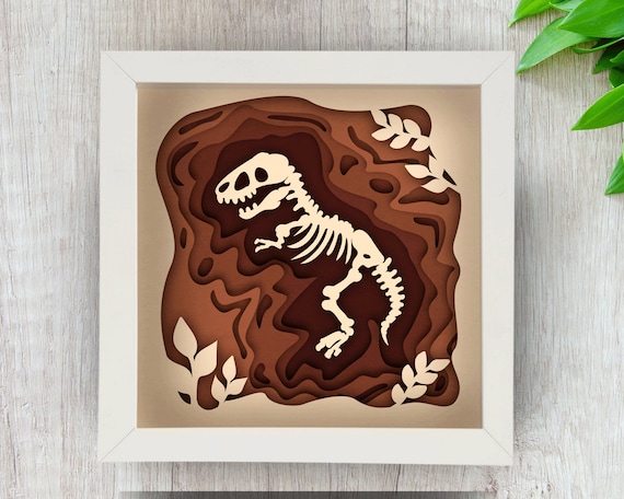 3D T-Rex Shadow Box SVG for Cricut Silhouette, Dinosaur 3D Layered Mandala Paper Cut File, Jurassic Roar Lightbox Template PNG, Fossil SVG
