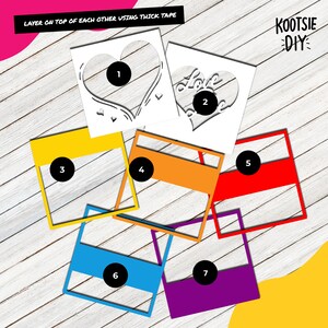 May include: Seven white cardstock cutouts with numbers 1 through 7. The cutouts are layered on top of each other using thick tape. The cutouts are in the shape of a heart, a word, and squares. The text "KOOTSIE DIY" is in the top right corner of the image.