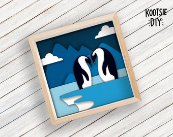 3D Penguin Shadow Box SVG for Cricut, Silhouette, Cute Penguin layered Mandala, Baby papercut, Animal Lightbox SVG, Snow Shadowbox Nursery