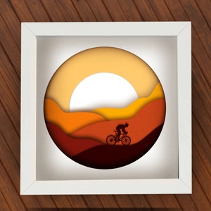 Cycling Shadow Box svg per Cricut Silhouette, Bike 3d layered SVG Mandala, Cyclist DIY gift paper cut, Forest SVG, Landscape Mountain Sunset