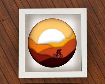 Cycling Shadow Box svg for Cricut Silhouette, Bike 3d layered SVG Mandala, Cyclist DIY gift paper cut, Forest SVG, Landscape Mountain Sunset