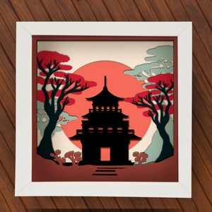 Pagoda japonesa con caja de sombras SVG para Cricut, Silhouette, mandala en capas 3D, corte de papel, SVG de naturaleza, vector de paisaje asiático, Tokio oriental, Osaka