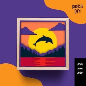 Dolphin Shadow Box SVG pour Cricut, Silhouette, Poisson 3D couche Mandala, Sunset paper cut, plongée en mer SVG, Paysage sous-marin vecteur Corail