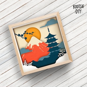 Japan Shadow Box SVG dla Cricut, sylwetka, 3d warstwowa mandala, wycinanka z papieru pagoda, natura SVG, krajobraz azjatycki wektor orientalny Tokio Osaka