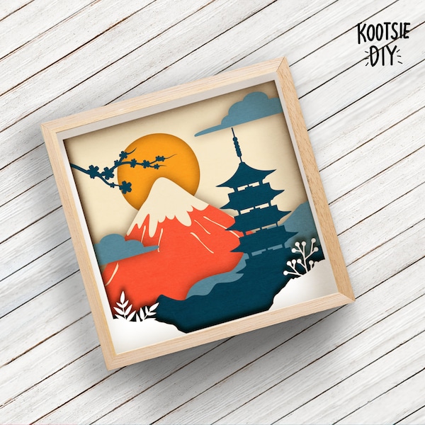 Japan Shadow Box SVG for Cricut, Silhouette, 3d layered Mandala, Pagoda paper cut, Nature SVG, Asia Landscape vector Oriental Tokyo Osaka