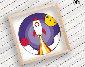 Rocket Shadow Box SVG for Cricut or Silhouette, Galaxy layered Mandala, Rocket Ship lightbox for kids, Moon PNG, 3d Planets SVG design pdf