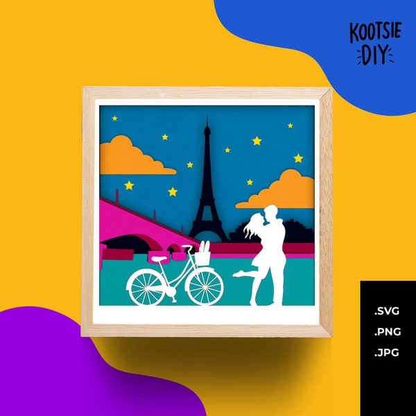 Lovers In Paris Shadow Box SVG for Cricut, Silhouette, 3d layered Mandala, Eiffel Tower papercut Travel SVG Landscape Romantic Parisian Love