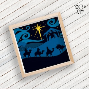 Plantilla de caja de sombras de escena de la natividad de Navidad para caja de luz Cricut Reyes Magos Mandala en capas 3D Nochebuena Silueta SVG PNG multicapa